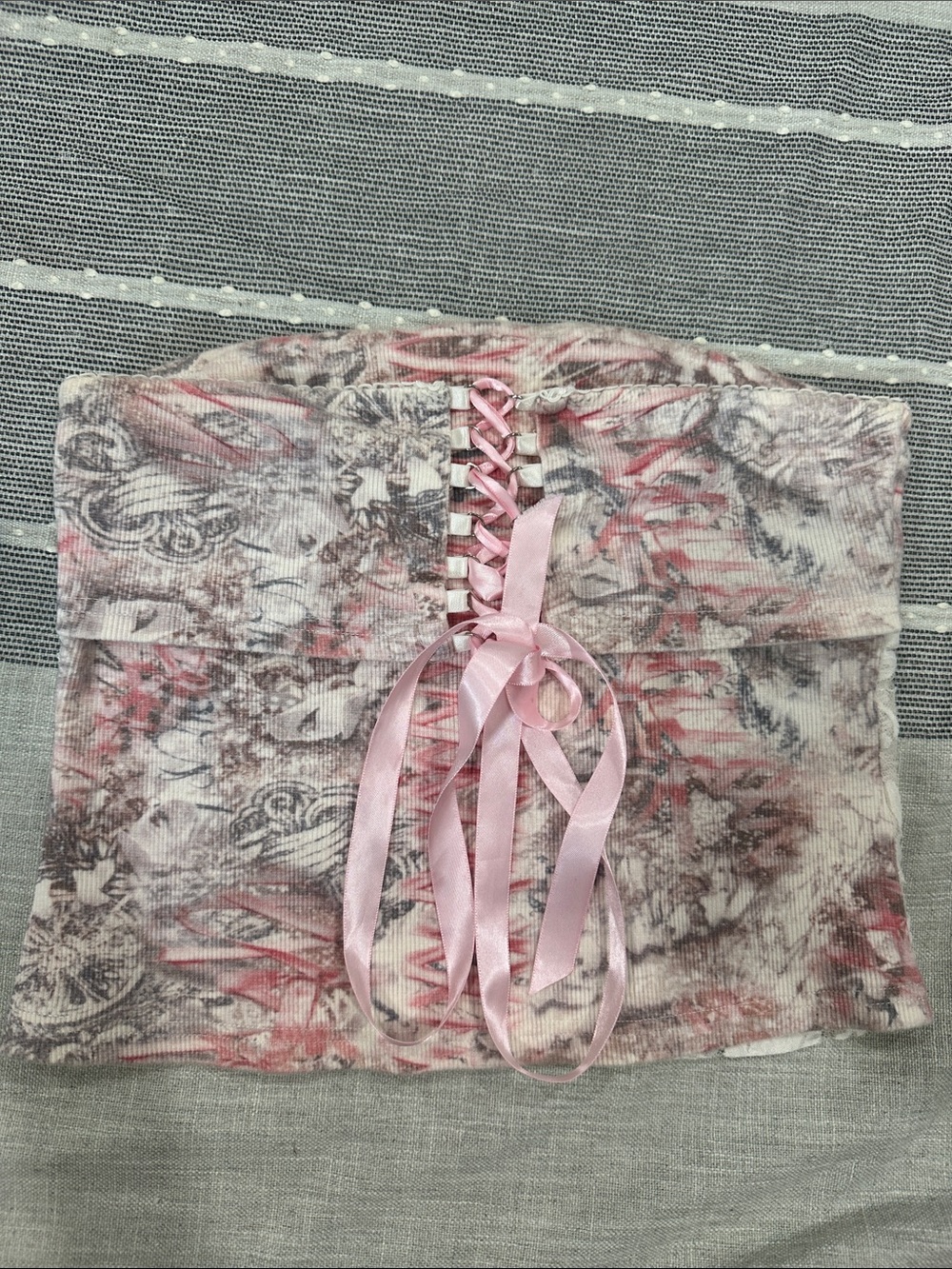 Pink Floral Lace-Up Strapless Crop Top